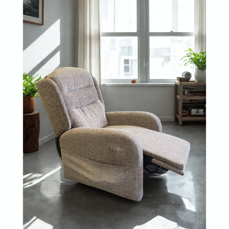 Modern light brown fabric recliner chair in a partially reclined position in a bright living room with green plants.