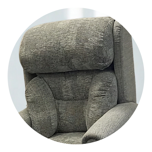 Close-up of a chair's backrest showing a structured design with two prominent side cushions for lateral support, in a textured brown fabric.