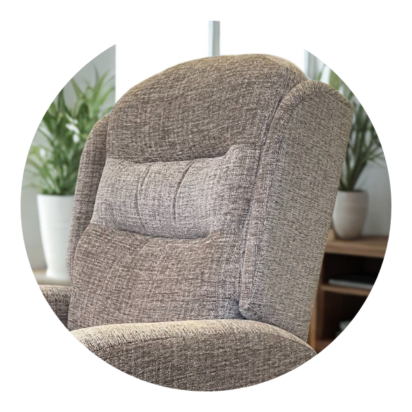 Close-up of a chair's backrest showing a clean, rectangular 'letterbox' style cushion design, in a textured beige fabric.