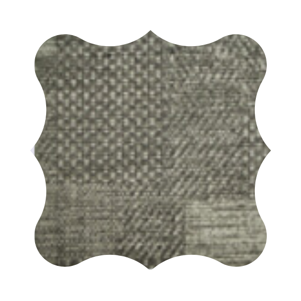 Close-up of a medium grey, textured chenille fabric swatch with a decorative border.