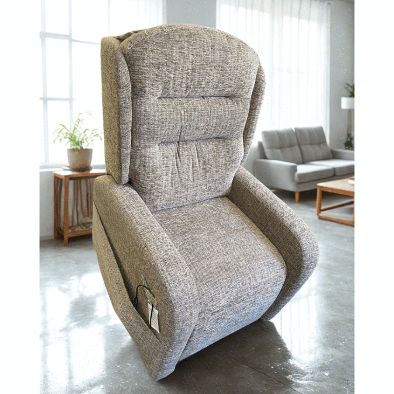 Light brown fabric recliner chair in a lifted, standing assist position in a bright modern living room.