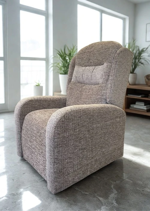 A contemporary light brown textured fabric rise and recline chair with sleek, rounded arms and a supportive backrest.
