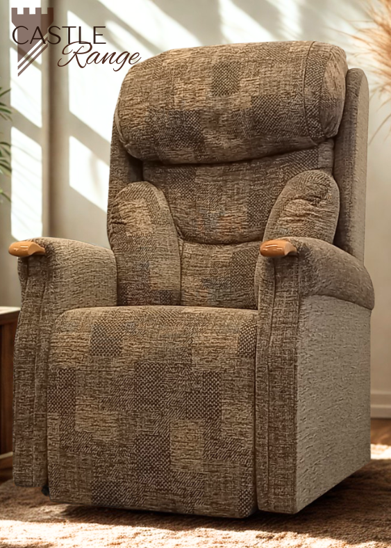 A luxurious textured brown fabric rise and recline chair with prominent scroll arms and a soft, supportive backrest, showcasing its robust design.